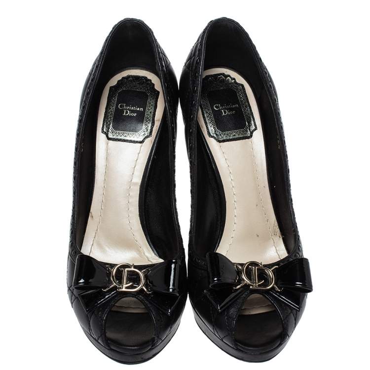 Pre Owned Dior Black Quilted Leather Bow Peep Toe Platform Pumps Size 36.5 