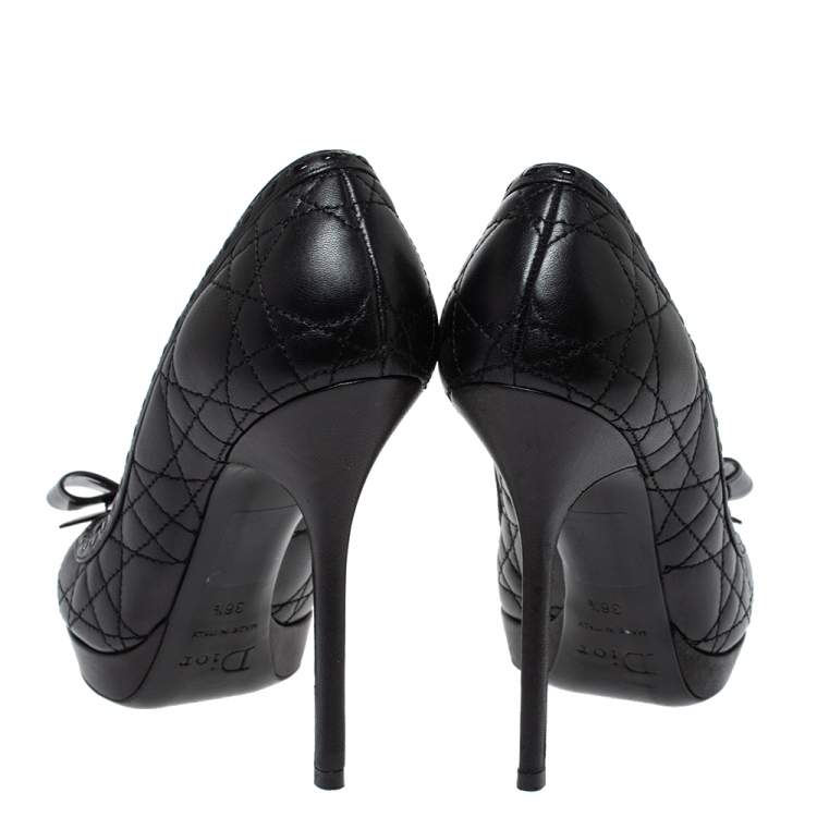 Pre Owned Dior Black Quilted Leather Bow Peep Toe Platform Pumps Size 36.5 