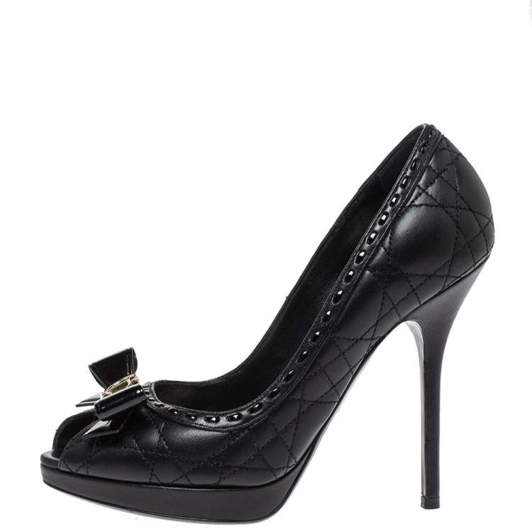 Pre Owned Dior Black Quilted Leather Bow Peep Toe Platform Pumps Size 36.5 