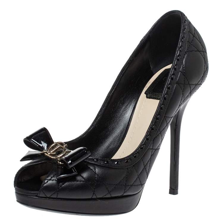 Pre Owned Dior Black Quilted Leather Bow Peep Toe Platform Pumps Size 36.5 