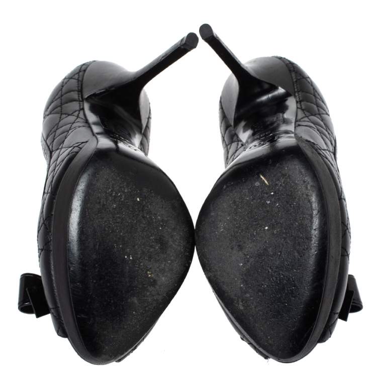 Pre Owned Dior Black Quilted Leather Bow Peep Toe Platform Pumps Size 36.5 
