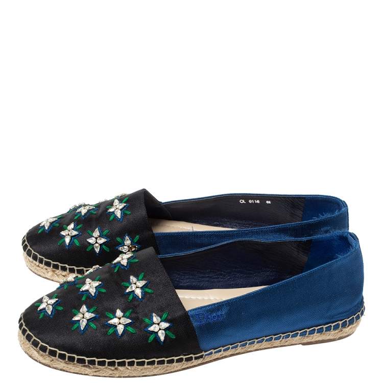مملوكة مسبقًا Dior Blue/Black Crystal Embellished Fabric Riviera Espadrille Loafers Size 40