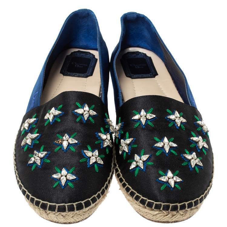 مملوكة مسبقًا Dior Blue/Black Crystal Embellished Fabric Riviera Espadrille Loafers Size 40
