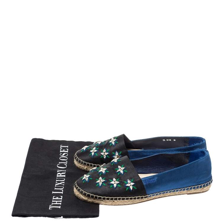مملوكة مسبقًا Dior Blue/Black Crystal Embellished Fabric Riviera Espadrille Loafers Size 40