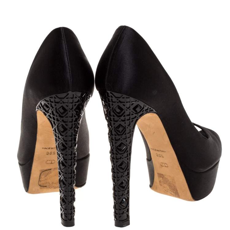 Pre Owned Dior Black Satin Peep Toe Cannage Heel Platform Pumps Size 36.5