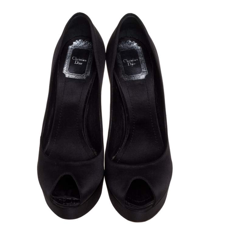 Pre Owned Dior Black Satin Peep Toe Cannage Heel Platform Pumps Size 36.5