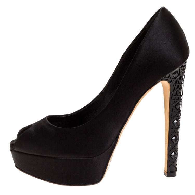 Pre Owned Dior Black Satin Peep Toe Cannage Heel Platform Pumps Size 36.5
