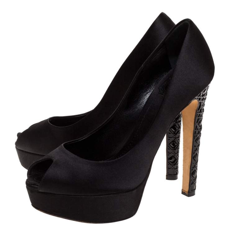 Pre Owned Dior Black Satin Peep Toe Cannage Heel Platform Pumps Size 36.5