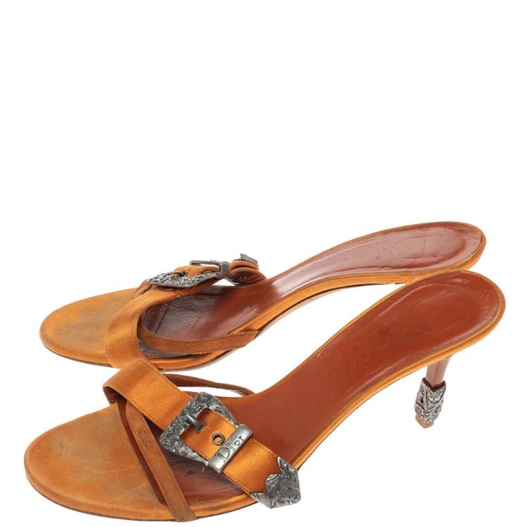 Pre Owned Dior Orange Satin Buckle Detail Mule Sandals Size 38