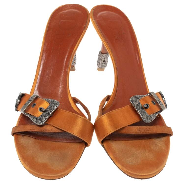 Pre Owned Dior Orange Satin Buckle Detail Mule Sandals Size 38