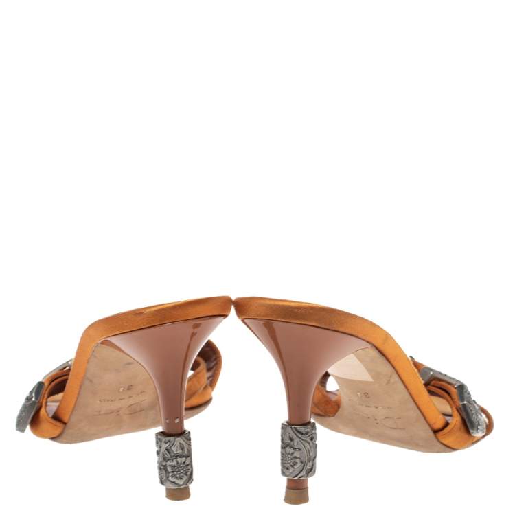 Pre Owned Dior Orange Satin Buckle Detail Mule Sandals Size 38
