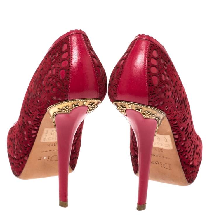 Pre Owned Dior Red Leather and Laser Cut Suede Dior Byz Platform Pumps Size 37.5