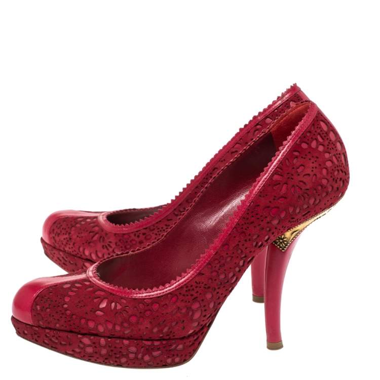 Pre Owned Dior Red Leather and Laser Cut Suede Dior Byz Platform Pumps Size 37.5