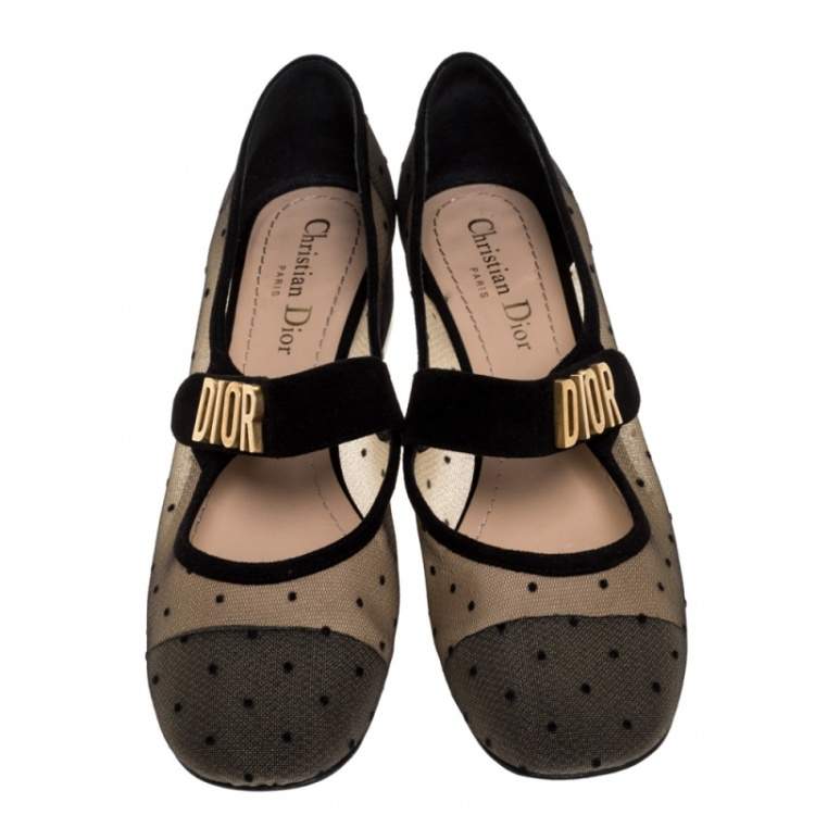Pre Owned Dior Black Mesh And Suede Trim Baby-D Mary Jane Flats Size 37.5