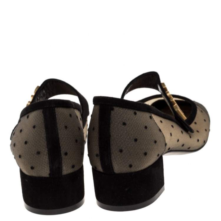 Pre Owned Dior Black Mesh And Suede Trim Baby-D Mary Jane Flats Size 37.5