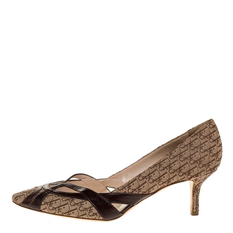 Pre Owned Dior Beige Logo Canvas and Cut-Out Leather Trim Pointed Toe Pumps Size 39