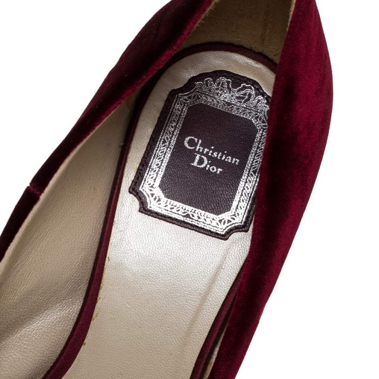 Pre Owned Dior Maroon Velvet And Satin Crystal Embellished Empire Peep Toe Pumps Size 37