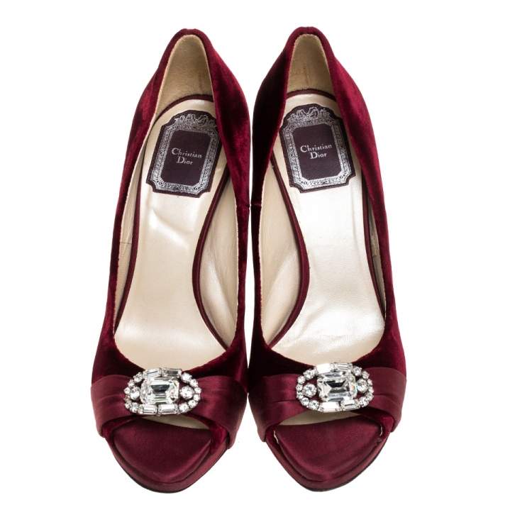 Pre Owned Dior Maroon Velvet And Satin Crystal Embellished Empire Peep Toe Pumps Size 37