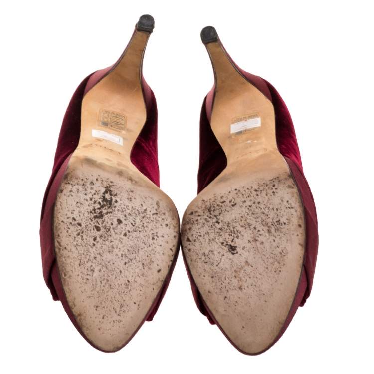 Pre Owned Dior Maroon Velvet And Satin Crystal Embellished Empire Peep Toe Pumps Size 37