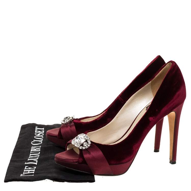 Pre Owned Dior Maroon Velvet And Satin Crystal Embellished Empire Peep Toe Pumps Size 37