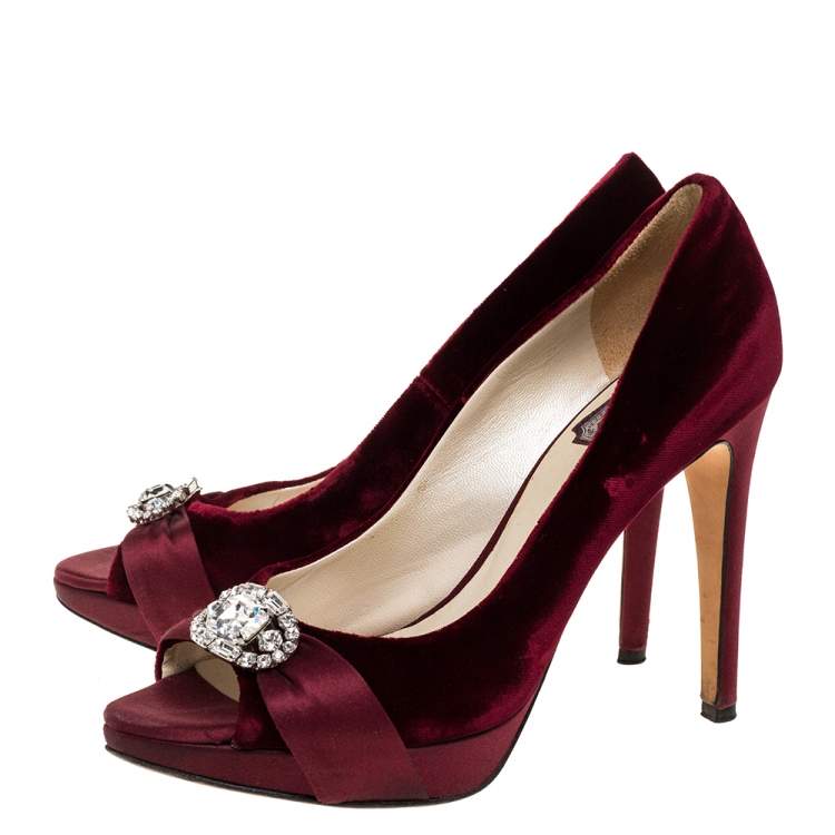 Pre Owned Dior Maroon Velvet And Satin Crystal Embellished Empire Peep Toe Pumps Size 37