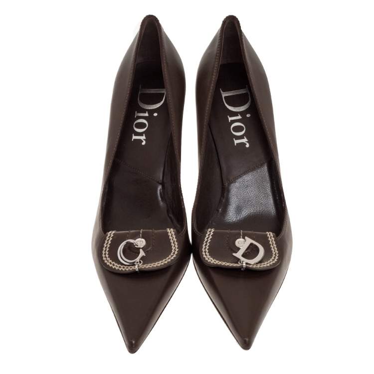 Pre Owned Dior Brown Leather C&D Charm Pointed Toe Pumps Size 39
