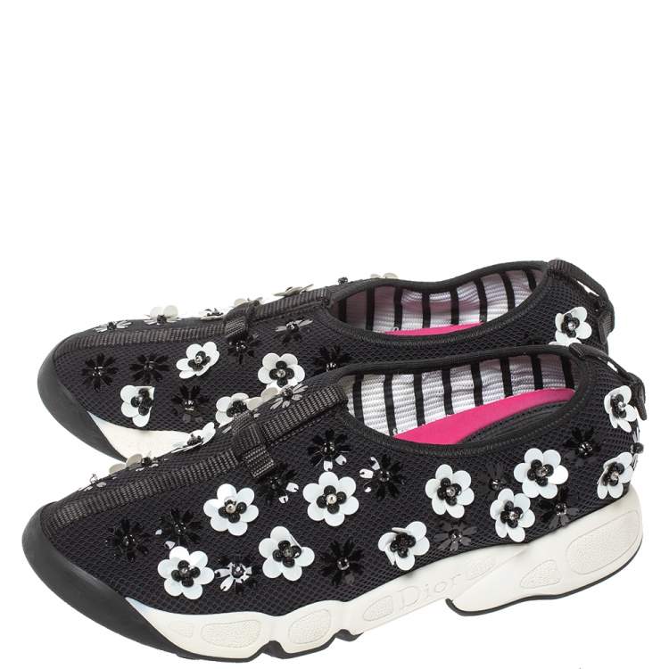 Pre Owned Dior Black Mesh Neoprene Fusion Embellished Low-Top Sneakers Size 38.5