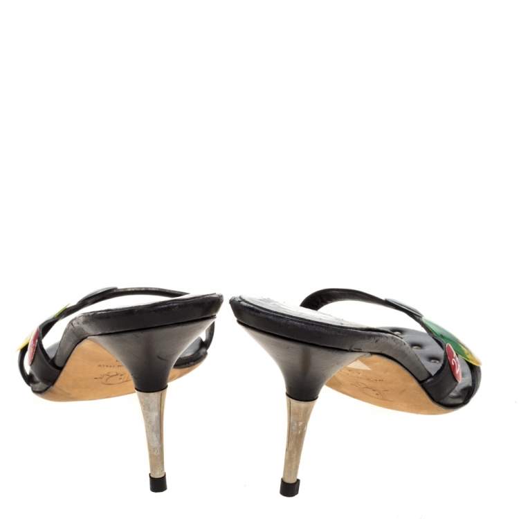 Pre Owned Dior Black Leather Badge Embellished Studded Insole Slide Sandals Size 42