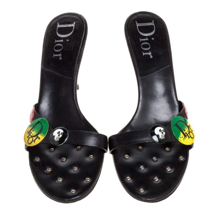 Pre Owned Dior Black Leather Badge Embellished Studded Insole Slide Sandals Size 42