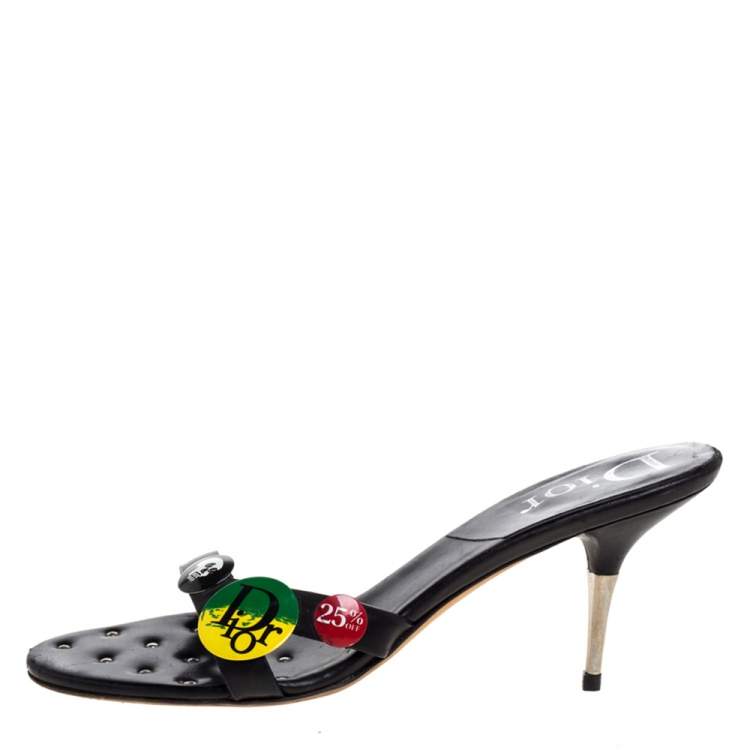 Pre Owned Dior Black Leather Badge Embellished Studded Insole Slide Sandals Size 42