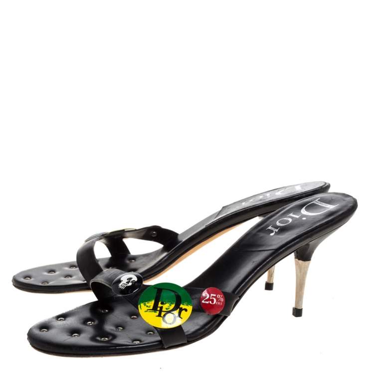 Pre Owned Dior Black Leather Badge Embellished Studded Insole Slide Sandals Size 42