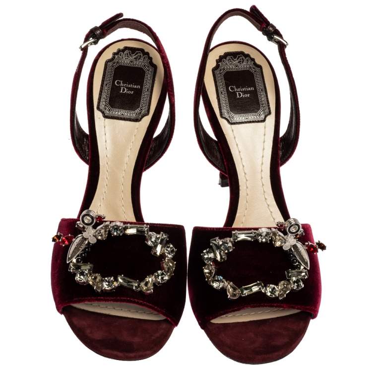 Pre Owned Dior Bordeaux Velvet Tresor Crystal Embellished Open Toe Slingback Sandals Size 38.5
