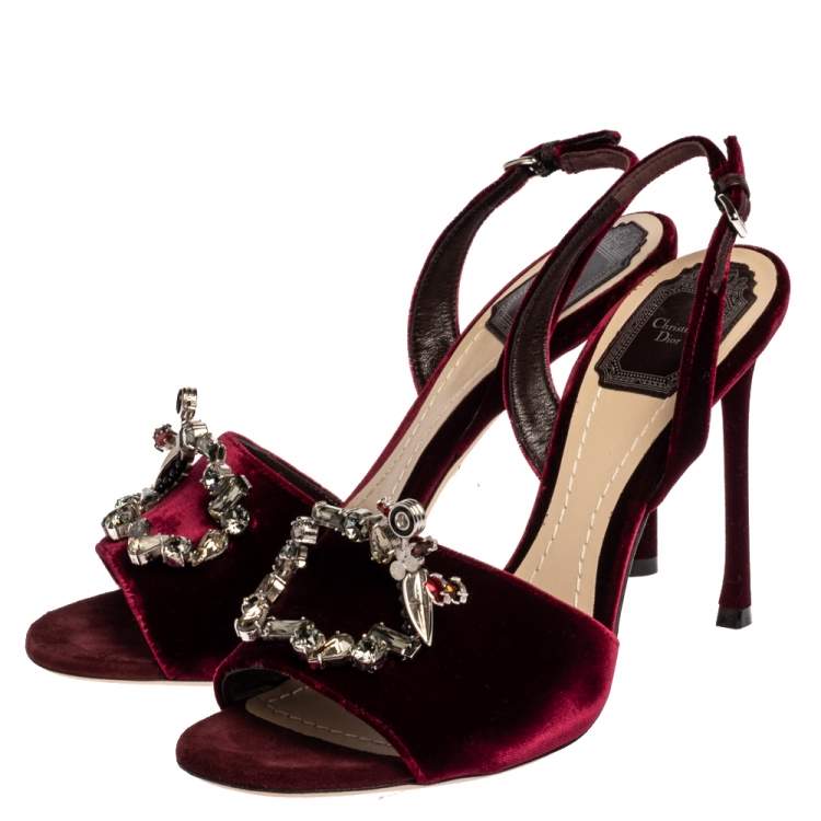 Pre Owned Dior Bordeaux Velvet Tresor Crystal Embellished Open Toe Slingback Sandals Size 38.5