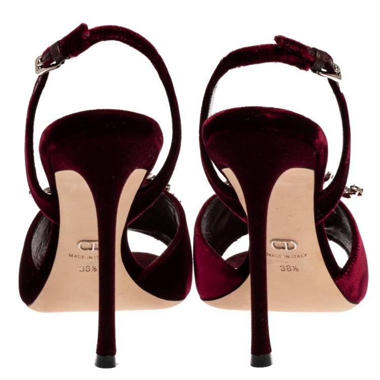 Pre Owned Dior Bordeaux Velvet Tresor Crystal Embellished Open Toe Slingback Sandals Size 38.5