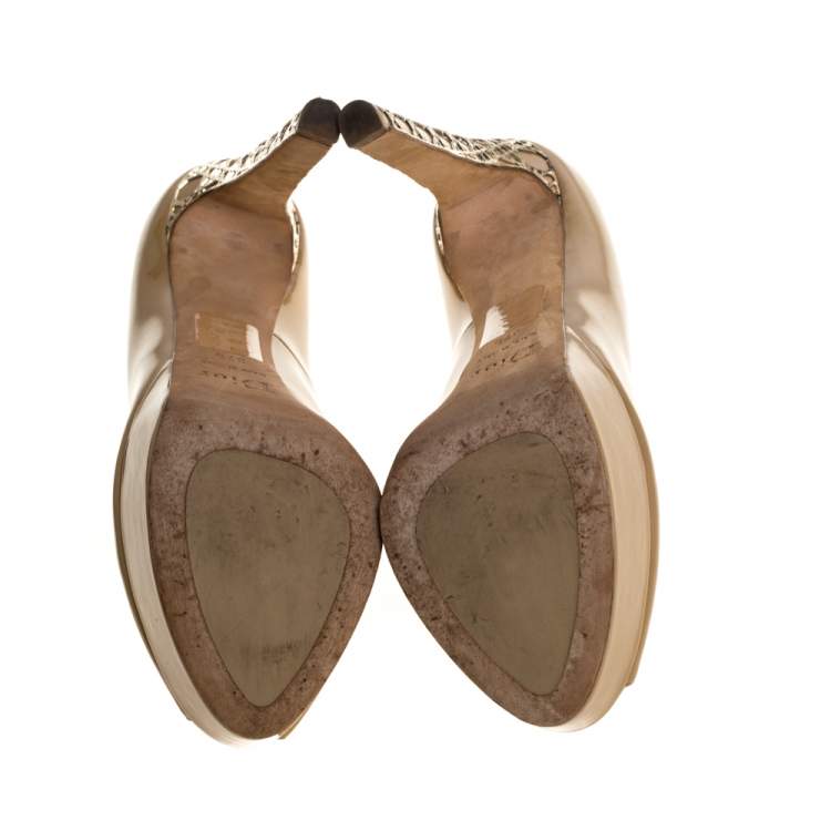 Pre Owned Dior Beige Patent Leather Metal Cannage Peep Toe Platform Pumps Size 37.5