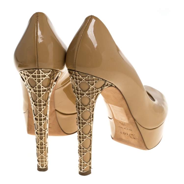 Pre Owned Dior Beige Patent Leather Metal Cannage Peep Toe Platform Pumps Size 37.5