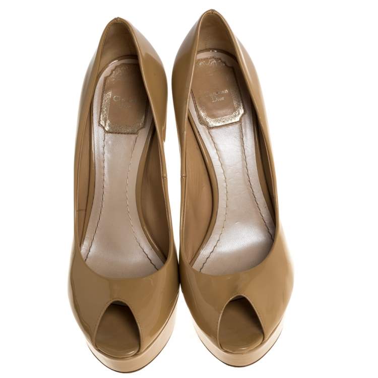 Pre Owned Dior Beige Patent Leather Metal Cannage Peep Toe Platform Pumps Size 37.5