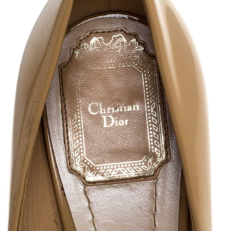 Pre Owned Dior Beige Patent Leather Metal Cannage Peep Toe Platform Pumps Size 37.5