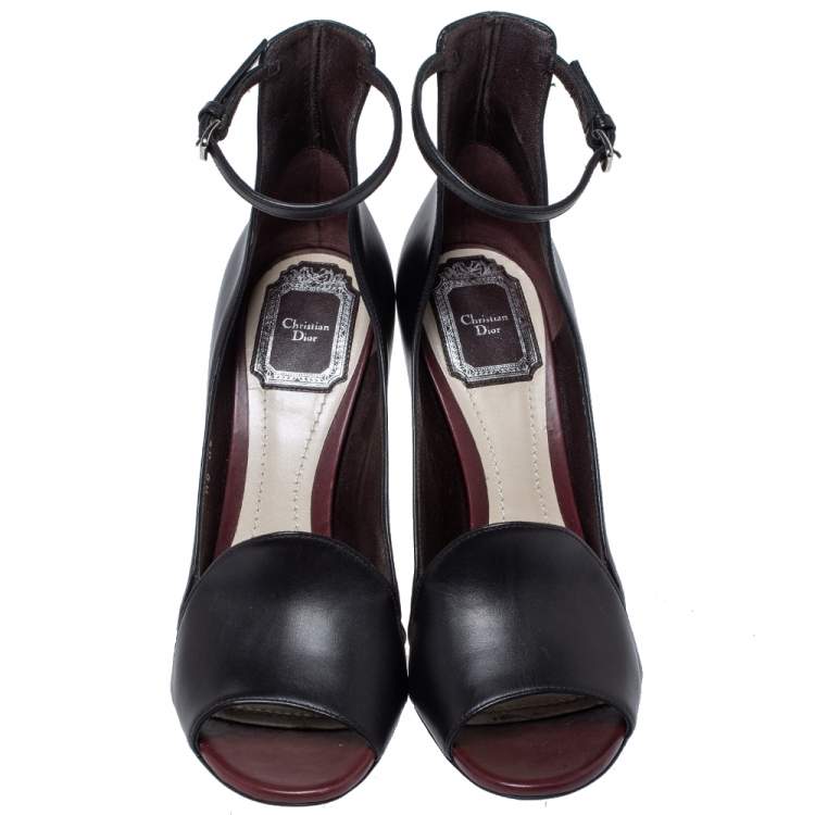 Pre Owned Dior Black Leather Cut-Out Open Toe Ankle Strap Pumps Size 37.5
