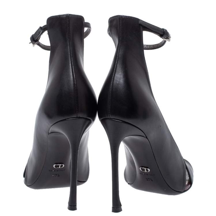 Pre Owned Dior Black Leather Cut-Out Open Toe Ankle Strap Pumps Size 37.5