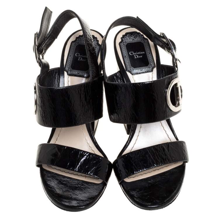 Pre Owned Dior Black Textured Patent Leather Slingback Sandals Size 36
