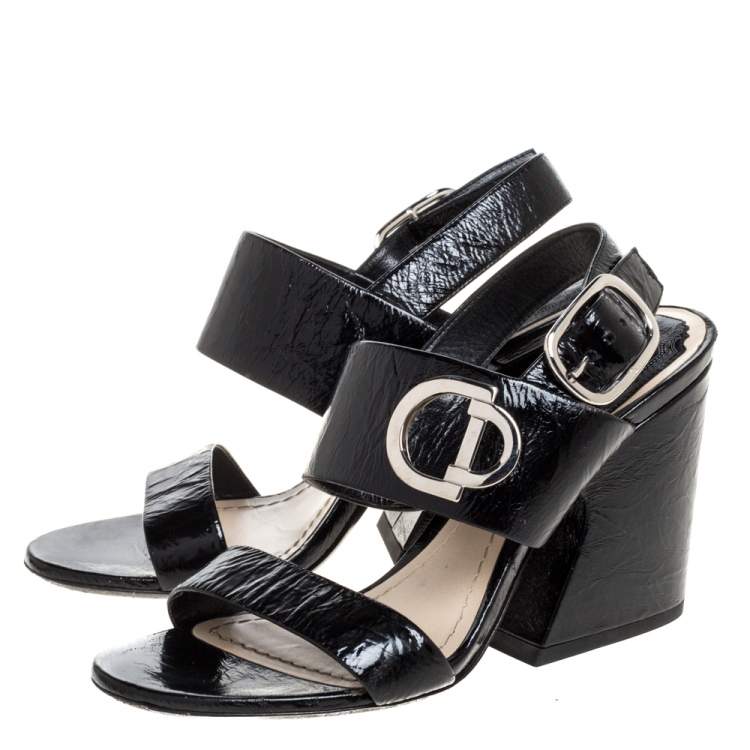 Pre Owned Dior Black Textured Patent Leather Slingback Sandals Size 36