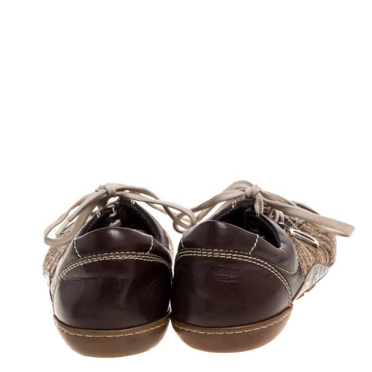 Pre Owned Dior Brown Leather and Diorissimo Canvas Low Top Sneakers Size 37