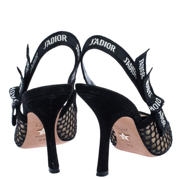 Pre Owned  Dior Balck Mesh Embroidered Ribbon J'Adior Slingback Sandals Size 37.5