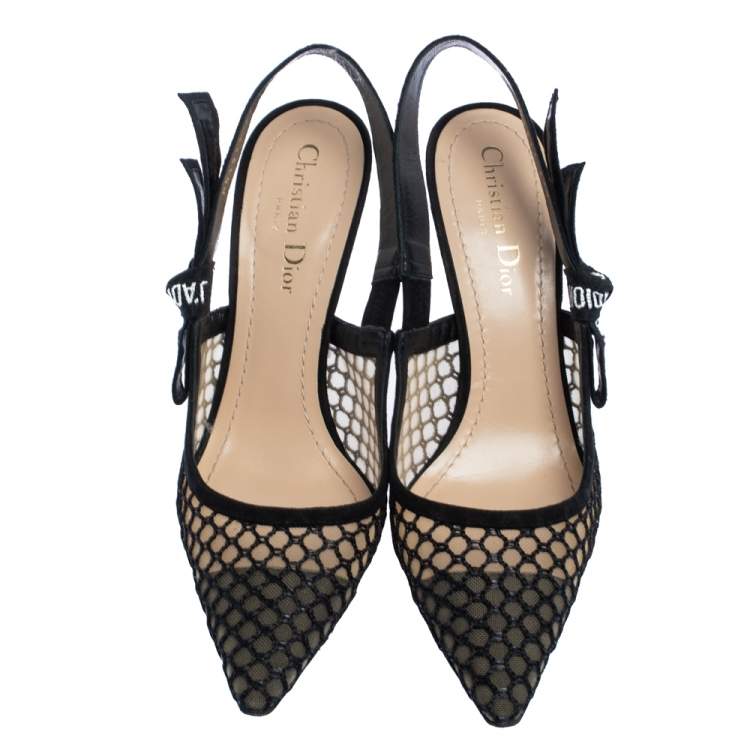 Pre Owned  Dior Balck Mesh Embroidered Ribbon J'Adior Slingback Sandals Size 37.5