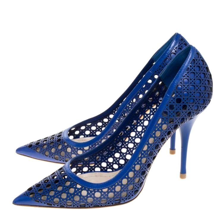 Pre Owned Dior Blue Cannage Cut Out Leather Miss Dior Pointed Toe Pumps Size 38