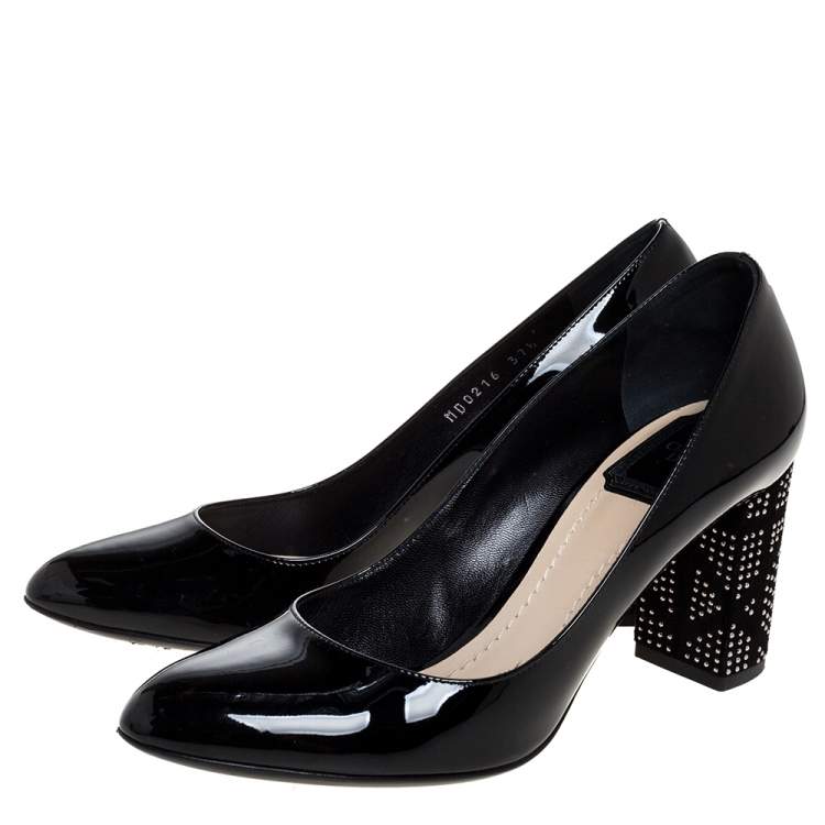 Pre Owned Dior Black Patent Leather Embellished Heel Pumps Size 37.5