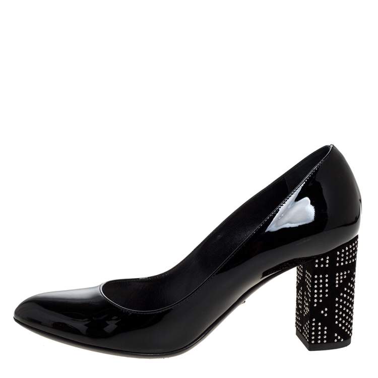 Pre Owned Dior Black Patent Leather Embellished Heel Pumps Size 37.5