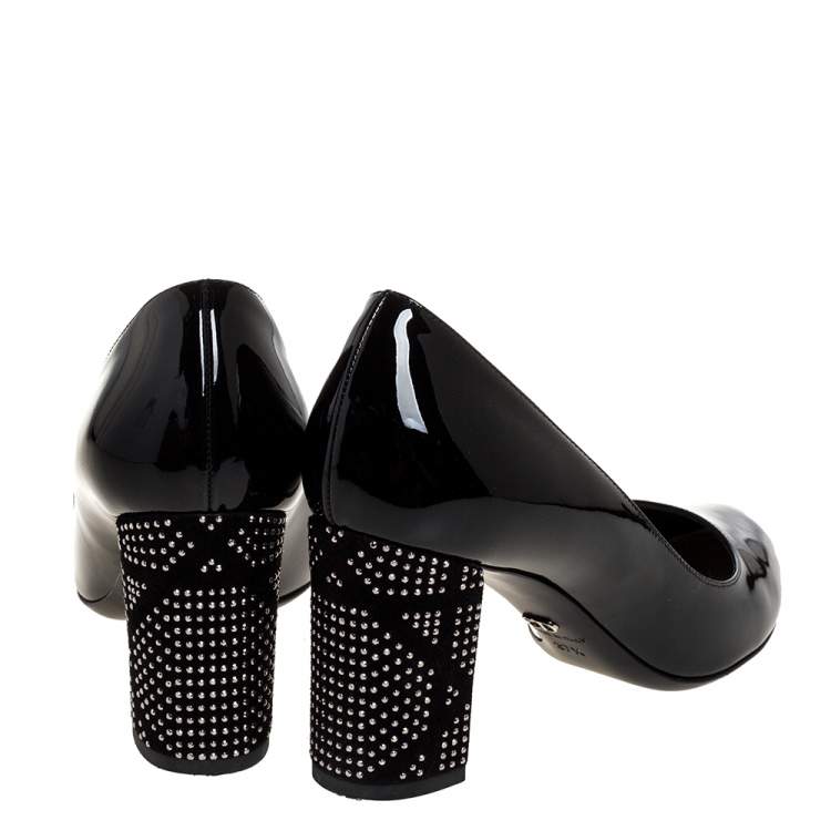 Pre Owned Dior Black Patent Leather Embellished Heel Pumps Size 37.5