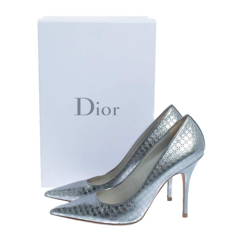 Pre Owned  Dior Metallic Silver Cannage Leather Cherie Pointed Toe Pumps Size 40